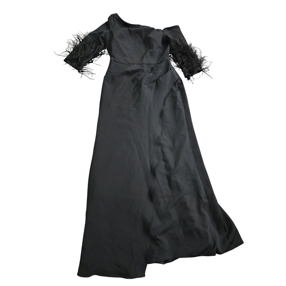 Black One Shoulder Evening Gown Feathered 1/2 Sleeve Floor Length Formal 12